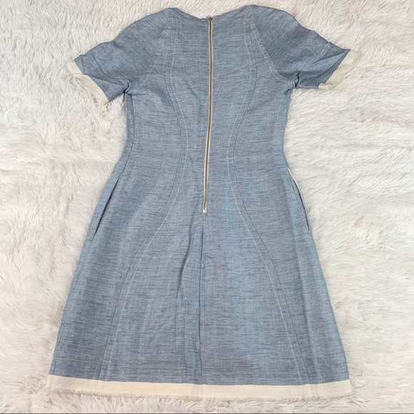 Sea NY short sleeve linen blend sheath dress in light blue with contrast trim - Picture 6 of 10